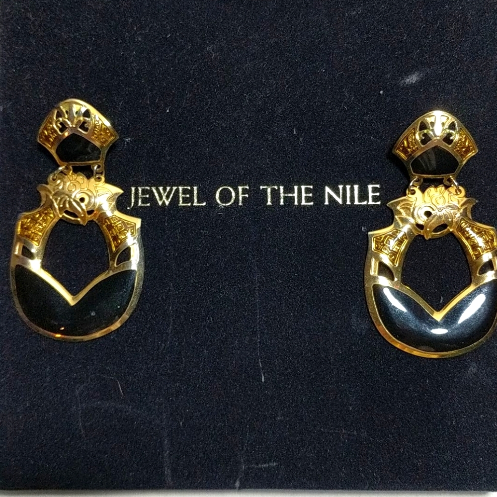 Vintage gold with black enamel hanging earrings